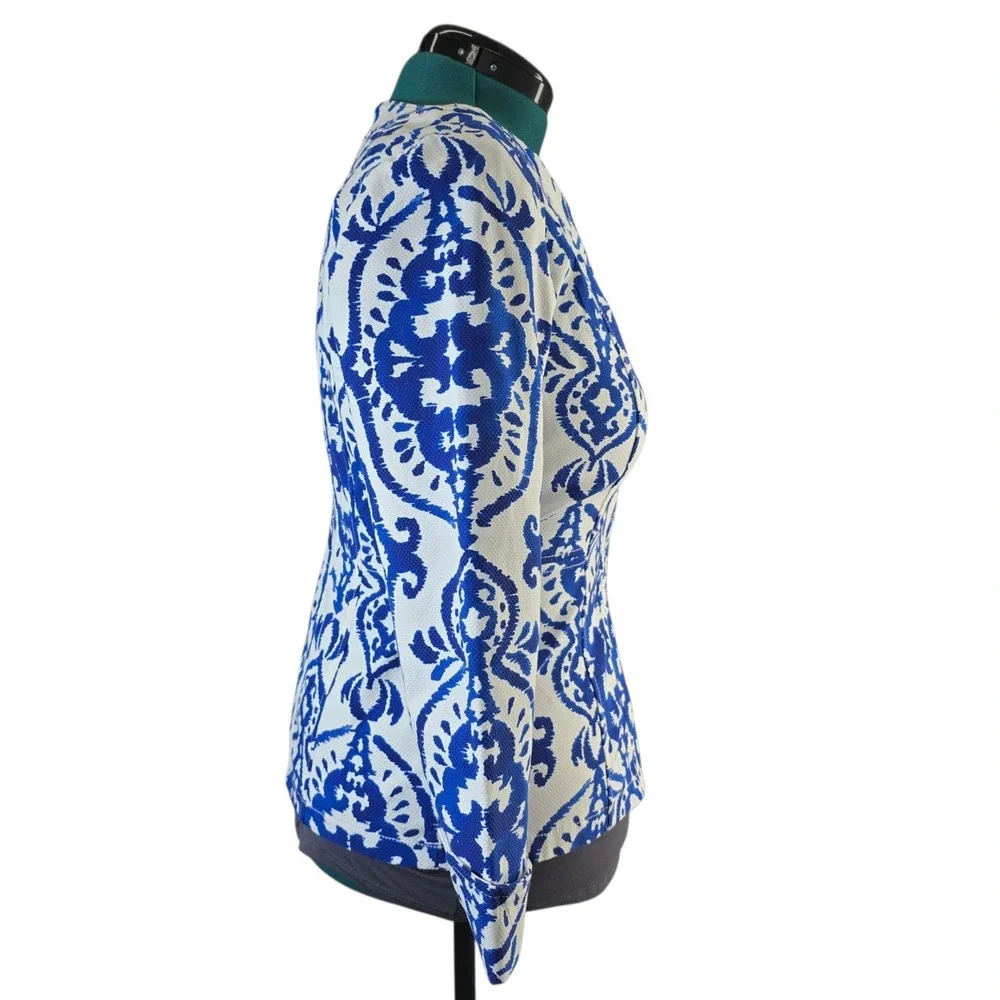 Chicos Women's Blazer Size 0 Blue White Floral‎ Jacquard 3/4 Sleeve Career